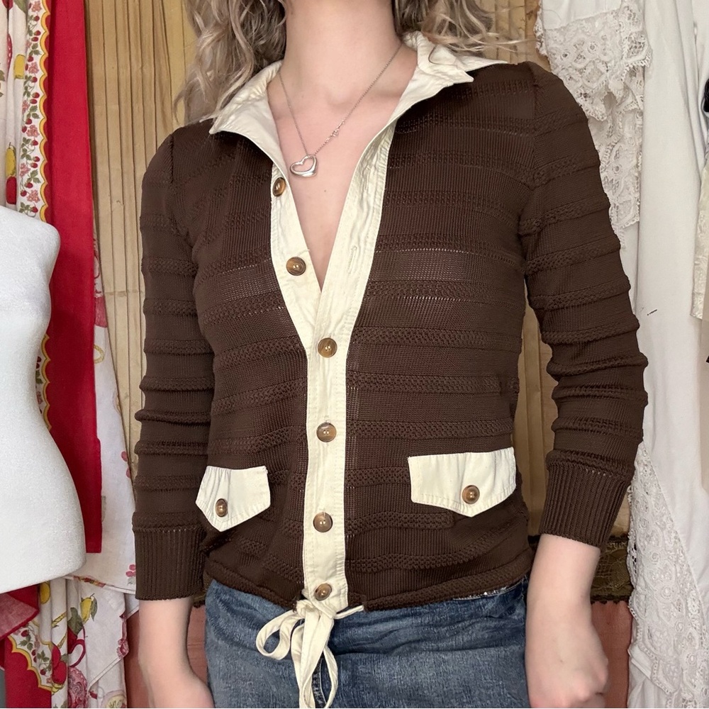 Vintage 70’s Classic Brown Knit Cardigan with Cream Trim